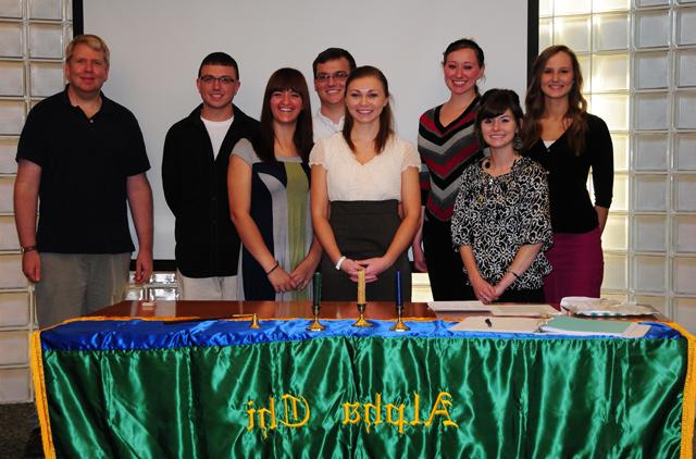 The following students were initiated into Alpha Chi National College Honors Society: front row, from left—Jacqueline Nelson, a junior of Campbellsville, Ky.; Emilee O’Brien, a sophomore of Elizabethtown, Ky.; and Brooke Ferguson, a junior of Lebanon Junction, Ky. Back row—Kelly Yocum, a senior of Stanford, Ky.; Blaire Bland, a senior of Campbellsville, Ky.; Lucas Roy, a junior of Liberty, Ky.; Mark Lancaster, a junior of Lawrenceburg, Ky.; and Dr. Craig Rogers, associate professor of psychology/ honors program director. (Campbellsville University Photo by Lucas Penningto