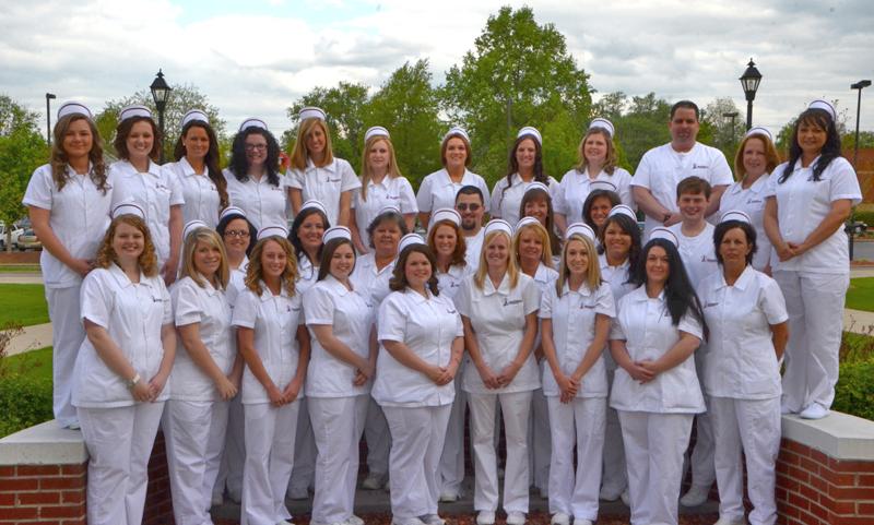 Campbellsville University School of Nursing graduates recognized at a pinning ceremony, May 1. From left to right: back row - Jessica Crouch, Sharon Pardieu, Rodney Bagby, Keisha Robertson, Wendy Pollitt, Natasha Brown, Tabitha Lawless, Ashley Sullivan, Lauren Barr, Brittany Janes, Lauren Dunham and Laura Thomas. Middle row - Derek Crabtree, Lindsay Ramage, Kristina Hypes and Travis Van Hook. Front row- Jackie Phillips, Ashley Cole, MaLisha Hatcher, Brittany Luttrell, Jannifer Hadley, Vanessa Kelly, Vanda White, Tara Smith, Michelle Tucker, Claudia Clarke, Angela Fields, Alex Mullins, Mary Lobb, Ashley Boreing and Kayla Crabtree. (Campbellsville University Photo by Drew Tucker)