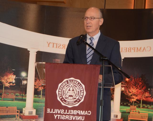 Bill Goodman, host of "Kentucky Tonight" and "One to One" on Kentucky Educational Television addressed teachers on "What is a teacher for?" at the 28th annual CU Excellence in Teaching Awards Ceremony May 10. (Campbellsville University Photo by Linda Waggener)