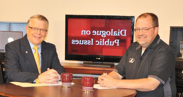 Campbellsville University’s John Chowning, vice president for church and external relations and executive assistant to the president of CU, right, interviews Dr. Dwayne Howell, professor of Old Testament and Hebrew, for his “Dialogue on Public Issues” show. The show will air Sunday, June 16 at 8 a.m.; Monday, June 17 at 1:30 p.m. and 6:30 p.m.; and Wednesday, June 19 at 1:30 p.m. and 6:30 p.m. The show is aired on Campbellsville’s cable channel 10 and is also aired on WLCU FM 88.7 at 8 a.m. and 6:30 p.m. Sunday, June 16. (Campbellsville University Photo by Linda Waggener)