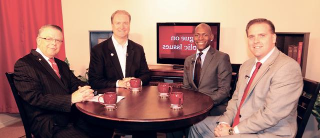 “Dialogue on Public Issues,” Campbellsville University’s WLCU-TV show, will have a special one-hour show next week featuring, from left: Jeffrey Scott Jennings, director of strategic development and senior strategist for Peritus Public Relations in Louisville; Colmon Elridge, executive assistant to the governor of Kentucky and vice president for the Young Democrats of America, and Trey Grayson, director of the Institute of Politics at Harvard University. They will discuss political issues. John Chowning, vice president for church and external relations and executive assistant to the president, interviews the guests. The show will air Sunday, Oct. 14 at 8 a.m.; and Monday, Oct. 15-Wednesday, Oct. 17 at 1 p.m. and 6 p.m. It will also be aired on WLCU 88.7 FM radio at 8 a.m. Sunday, Oct. 14. It is aired on TV on Channel 10 in Campbellsville. (Campbellsville University Photo by Ye Wei “Vicky”)