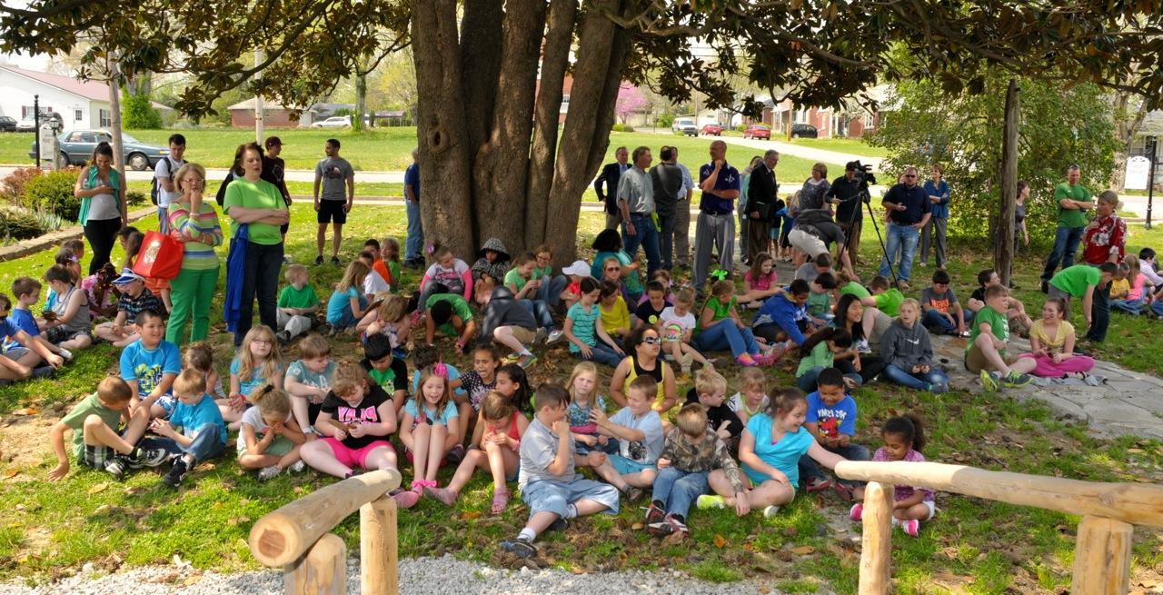 The view from the Turner Log Cabin front porch as Earth  Day 2014 attendees began to gather. (CU Photo by Linda  Waggener)