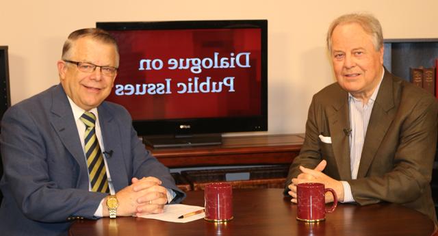 Dr. John Chowning, vice president for church and external relations and executive assistant to the  president of Campbellsville University, right, interviews U.S. Rep. Ed Whitfield (R-Ky.), who  represents District 1, for his “Dialogue on Public Issues” show. The show will air at 1:30 p.m.  Monday-Friday, Sept. 15-19, on WLCU-TV, Campbellsville’s cable channel 10 and at 8 a.m.  Sunday, Sept. 14 on both WLCU-TV and on 88.7 The Tiger radio. (Campbellsville University  Photo by Drew Tucker)