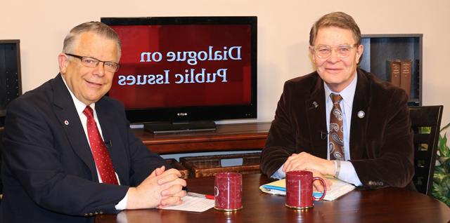 Dr. John Chowning, vice president for church and external relations and executive assistant to the  president of Campbellsville University, right, interviews John Larson, for his “Dialogue on Public  Issues” show. The show will air at 1:30 p.m. and 6:30 p.m. Monday, March 30 and at 1:30 p.m. and  7 p.m. Wednesday, April 1 on WLCU-TV, Campbellsville’s cable channel 10 and at 8 a.m. and at 6:30 p.m. Sunday, March 29 on WLCU-TV and on 88.7 The Tiger radio. (Campbellsville University  Photo by Drew Tucker)