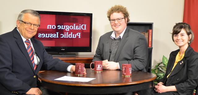 Dr. John Chowning, vice president for church and external relations and executive assistant to the president of Campbellsville University, right, interviews from left: Jacqueline Nelson, left, CU Student Government Association, and Logan Wolfe, SGA chief of staff and former SGA vice president, for his “Dialogue on Public Issues” show. The show will air Sunday, April 13 at 8 a.m.; Monday, April 14 at 1:30 p.m. and 6:30 p.m.; and Wednesday, April 16 at 1:30 p.m. and 6:30 p.m. The show is aired on Campbellsville’s cable channel 10 and is also aired on WLCU FM 88.7 at 8 a.m. and 6:30 p.m. Sunday, April 13. (Campbellsville University Photo by Linda Waggener)