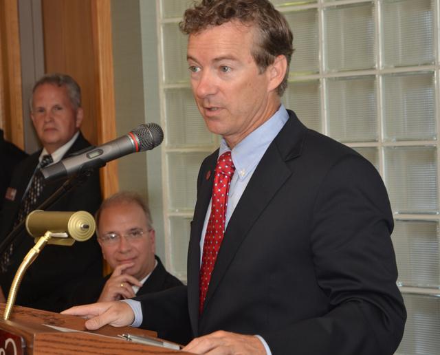 United States Sen. Rand Paul (R-Ky.) speaks to a group of about 65 people at Campbellsville University's Chowning Executive Dining Room on campus. (Campbellsville University Photo by Joan C. McKinney)