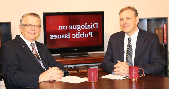 Dr. John Chowning, vice president for church and external relations and executive assistant to the  president of Campbellsville University, right, interviews Richard Nelson, executive director of  Commonwealth Policy Institute of Herndon, Ky., for his “Dialogue on Public Issues” show. 