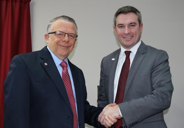 Dr. John Chowning, vice president for church and external relations and executive assistant to the president of Campbellsville University, right, interviews Ryan F. Quarles, candidate for commissioner of agriculture for his “Dialogue on Public Issues” show. The show will air at 1:30 p.m. and 6:30 p.m. Monday, April 27 and at 1:30 p.m. and 7 p.m. Wednesday, April 29 on WLCU-TV, Campbellsville’s cable channel 10 and at 8 a.m. and at 6:30 p.m. Sunday, April 26 on WLCU-TV and on 88.7 The Tiger radio. (Campbellsville University Photo by Drew Tucker)