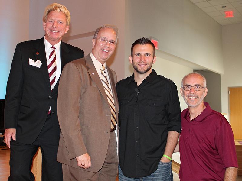 Eric Gilbert, lead pastor of 3trees Church, was the  guest speaker at Campbellsville University's FIRST CLASS service. From left: Dr. John Hurtgen, dean  of the School of Theology; Gilbert; Dr. Michael V.  Carter, president of CU; and Dr. G. Ted Taylor,  FIRST CLASS director. (Campbellsville University Photo by Bethany Thomaston)