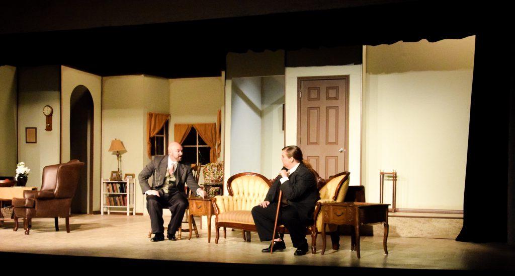 Sarah Durham, left, of Campbellsville as Peter Stockmann talks with Les Chadwick, also from Campbellsville, who plays Dr. Stockmann during “An Enemy of the People” which debuts Thursday in the Russ Mobley Theater in the Alumni Building. It plays Thursday, Feb. 23 at 7 p.m., Friday, Feb. 24 at 7 p.m., Saturday, Feb. 25 at 7 p.m. and Sunday, Feb. 26 at 2:30 p.m. (Campbellsville University Photo by Shelby Hall)