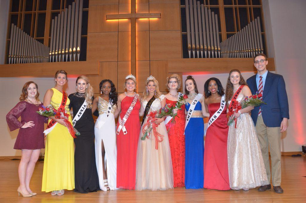 Shelby Stringer, sixth from left, was crowed Campbellsville University's 2016 Valentine Queen. Others participating and working with the pageant from left include: Aaron Nosich, president of the Student Government Association; Natalie Turner, second runner-up; Guerdine Smith, Best Poise and Appearance Award; Katelyn Howell; Sarah Fanning, Miss Congeniality Award and Best Talent Award; Stringer; Blessing Eke; Tiffany Young, MacKenzie Arrasmith, first runner-up who won Best Interview Award, and Jesslyn McCandless, vice president of the Student Government Association. (Campbellsville University Photo by Tomomi Sato)