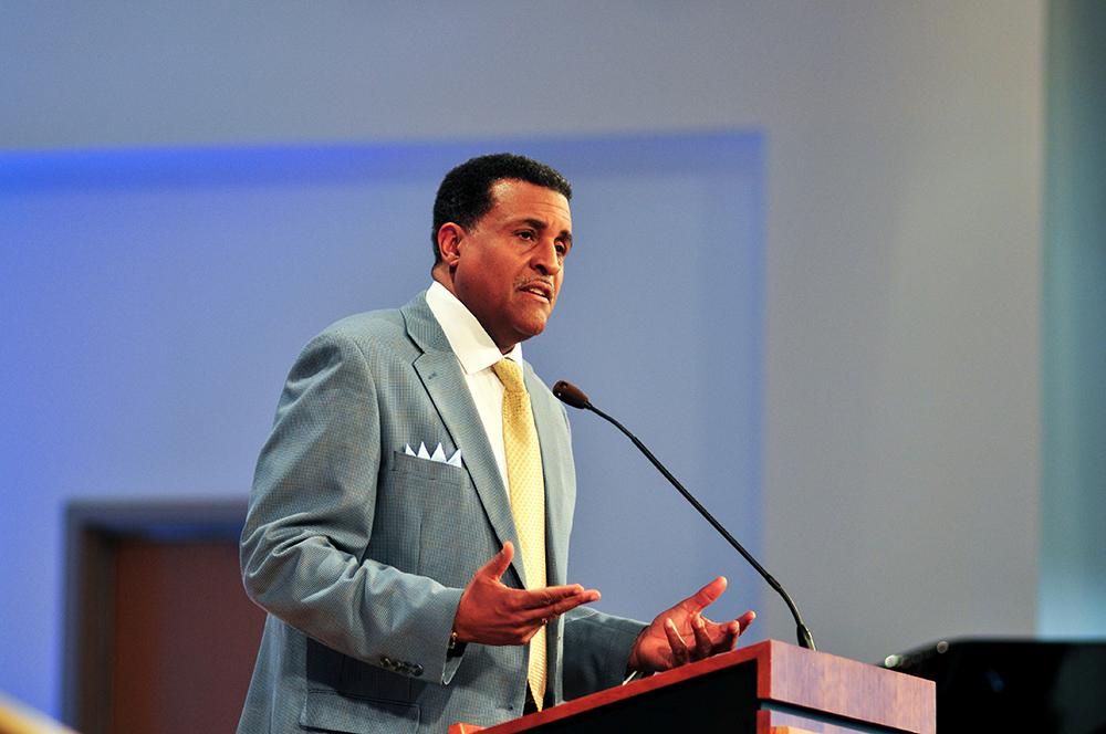 Dr. Gerald Smith speaks during the Martin Luther King Jr. chapel service at Campbellsville University. (Campbellsville University Photo by Joshua Williams)