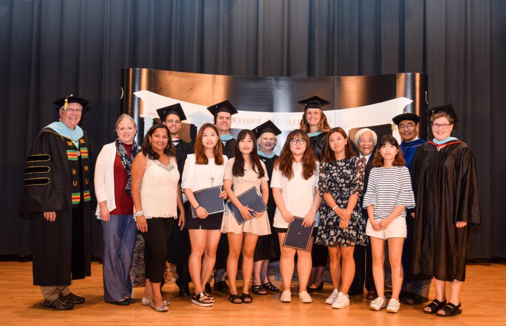 Intensive English Learning Program (IELP) certificates were awarded to five South Korean students. From left are: Front row -- Chaeyeon Kim; So Youn Min; Seonwoo You; Hye Su Cho; Jinseo Baek; Raquel Cunha, secretary for ESL; Dr. Donna Hedgepath, provost and vice president for academic affairs; and Dr. H. Keith Spears, vice president for communication and assistant to the president. Back row -- Dr. Mego Haralu, director of international education; Andrea Giordano, executive director for ESL; Vicky Campbell, adjunct ESL instructor; Tim Hooker, ESL programs director; and Bobby Parrish, adjunct ESL instructor. (Campbellsville University Photo by Joshua Williams) 